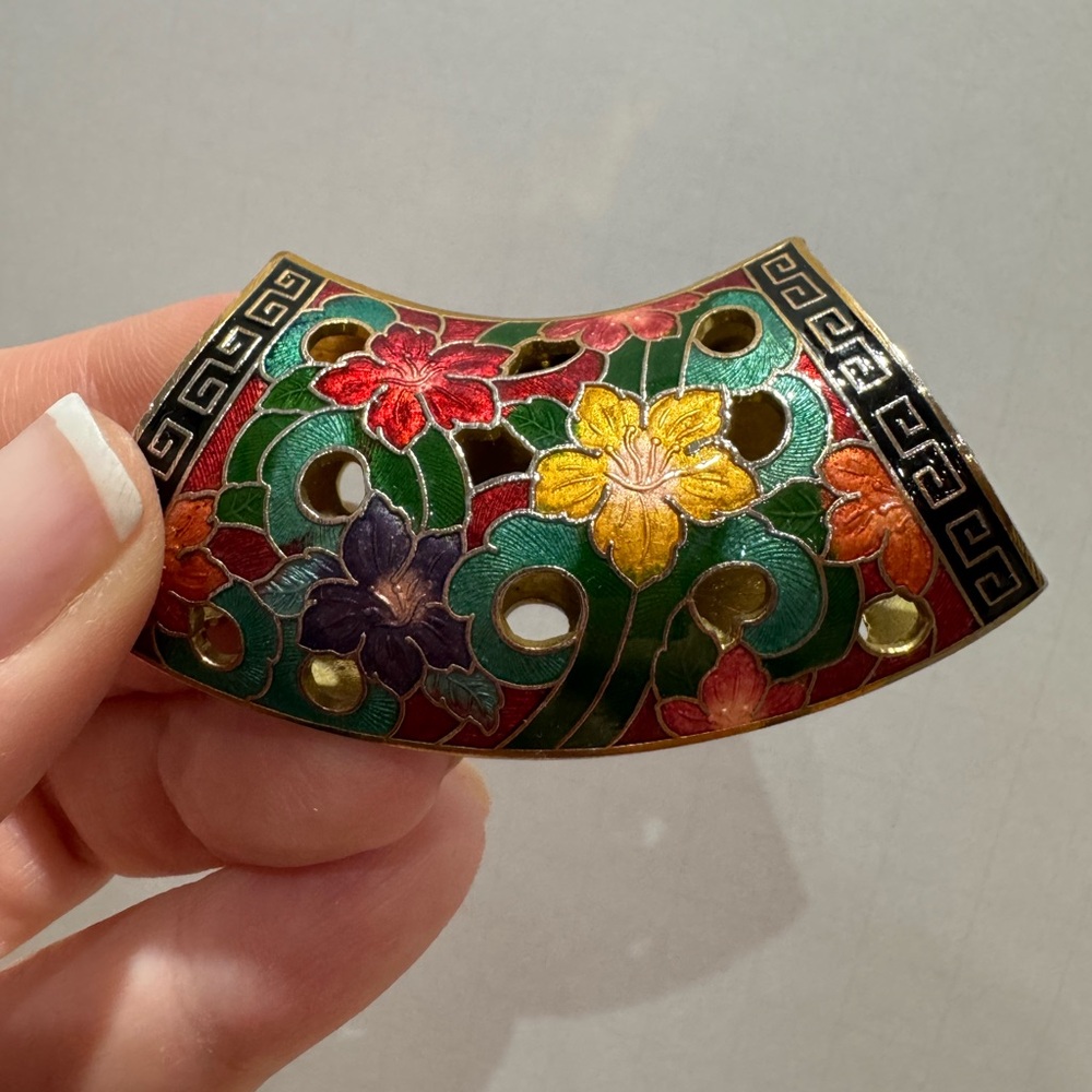 Vintage Greek key and Floral Enamel scarf cloisonné or necklace pendant